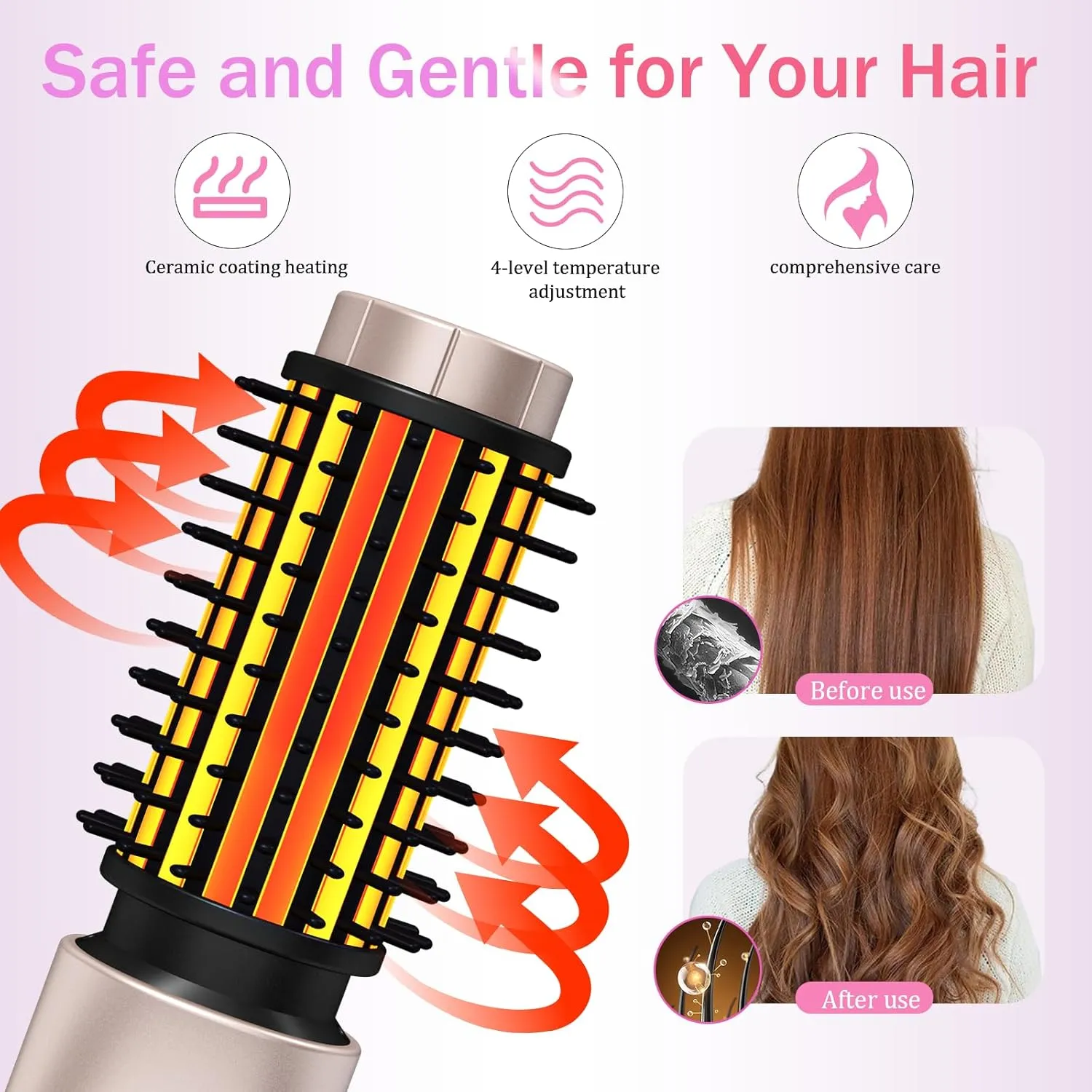 Cordless Hair Curling Iron Brush, Travel Curl Brush, 3-in-1 Portable Curling Iron Cordless, Plasma Thermal Hair Brush, 7000mAh USB Rechargeable Curling Wand, Mini Hot Curling Brush-Blush Pink