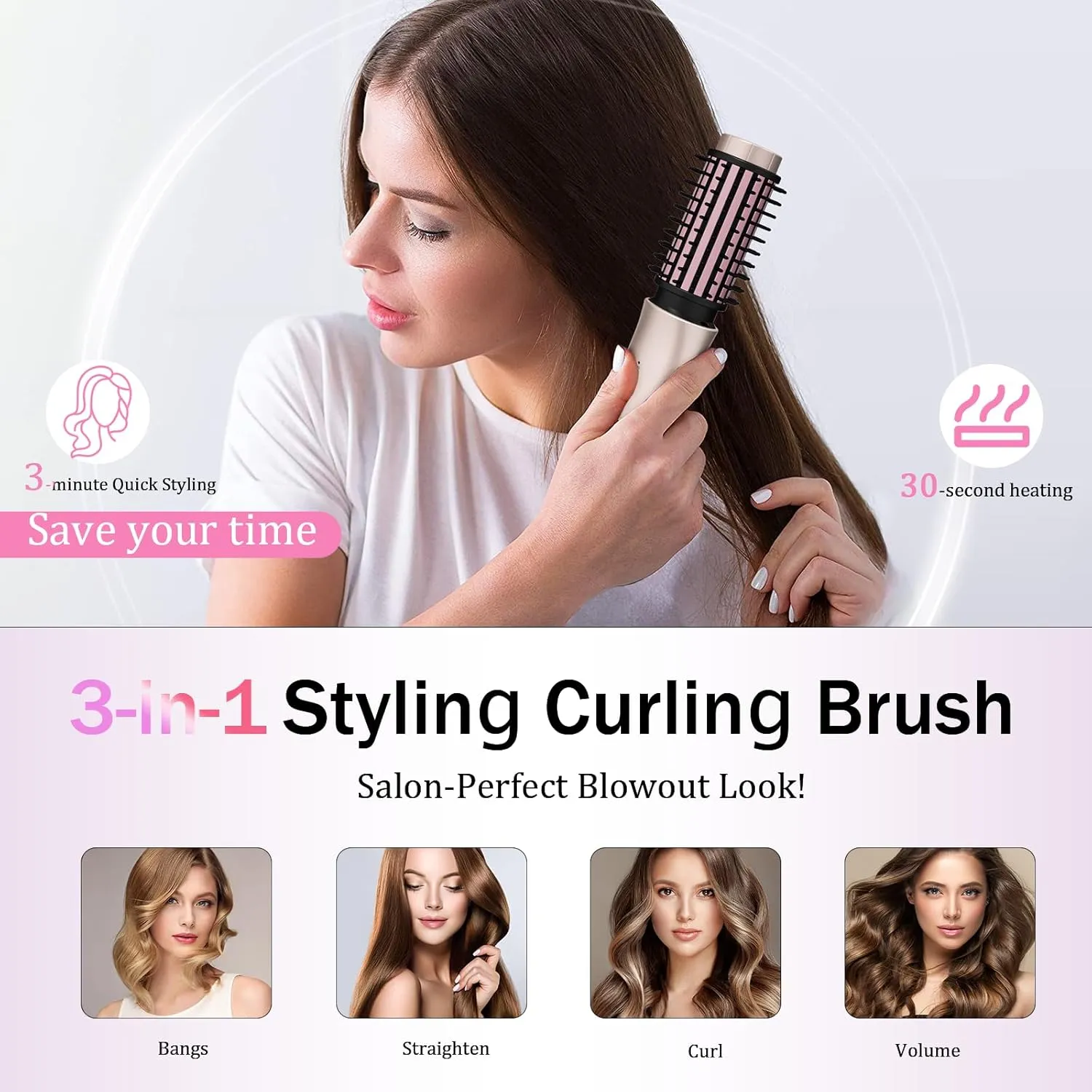 Cordless Hair Curling Iron Brush, Travel Curl Brush, 3-in-1 Portable Curling Iron Cordless, Plasma Thermal Hair Brush, 7000mAh USB Rechargeable Curling Wand, Mini Hot Curling Brush-Blush Pink