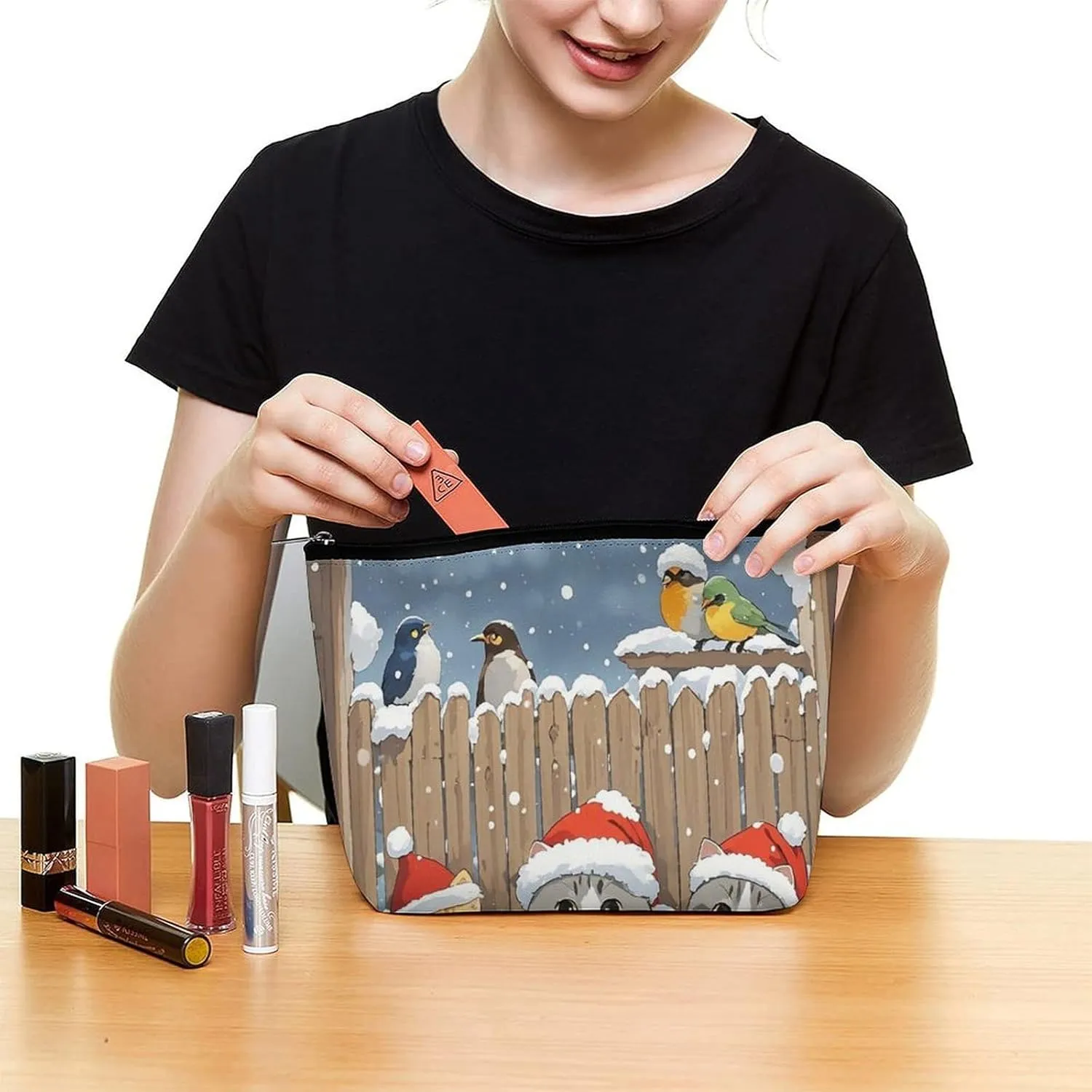 Cosmetic Bag Makeup Bags for Women Portable Makeup Bag Three Cat Bird Observers Makeup Case Travel Toiletry Bag for Travel Accessories