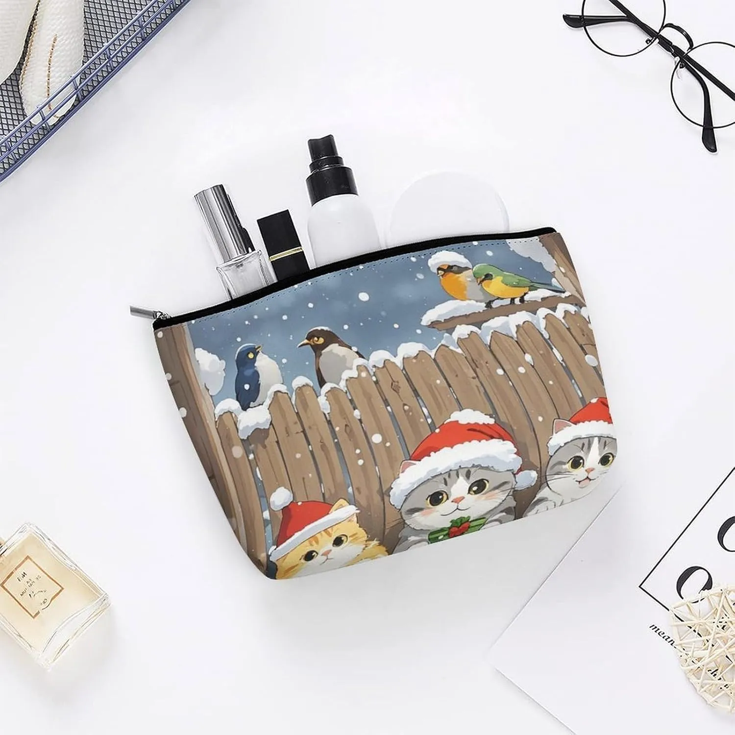 Cosmetic Bag Makeup Bags for Women Portable Makeup Bag Three Cat Bird Observers Makeup Case Travel Toiletry Bag for Travel Accessories