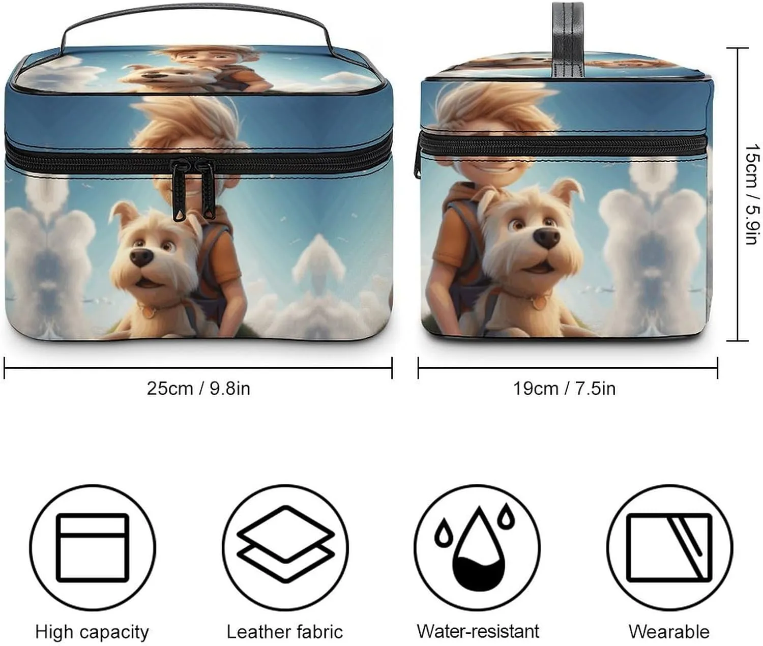 Cosmetic Bag Portable Boy And Puppy Toiletry Bag Large Capacity Travel Makeup Bag Beauty Makeup Organizer for Full-Sized Shampoo Conditioner Brushes Set Makeup Accessories