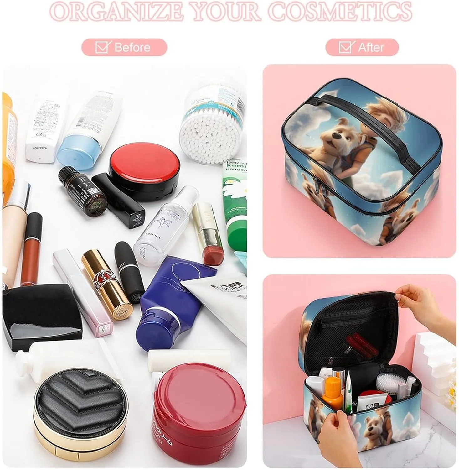 Cosmetic Bag Portable Boy And Puppy Toiletry Bag Large Capacity Travel Makeup Bag Beauty Makeup Organizer for Full-Sized Shampoo Conditioner Brushes Set Makeup Accessories