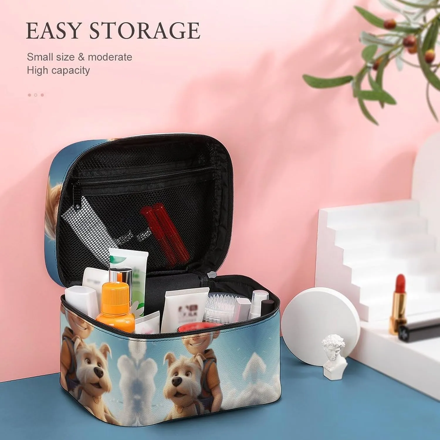 Cosmetic Bag Portable Boy And Puppy Toiletry Bag Large Capacity Travel Makeup Bag Beauty Makeup Organizer for Full-Sized Shampoo Conditioner Brushes Set Makeup Accessories