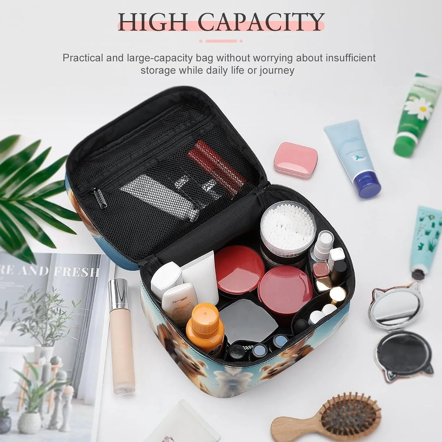 Cosmetic Bag Portable Boy And Puppy Toiletry Bag Large Capacity Travel Makeup Bag Beauty Makeup Organizer for Full-Sized Shampoo Conditioner Brushes Set Makeup Accessories