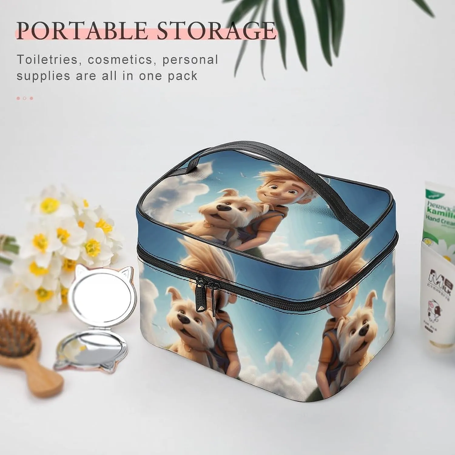Cosmetic Bag Portable Boy And Puppy Toiletry Bag Large Capacity Travel Makeup Bag Beauty Makeup Organizer for Full-Sized Shampoo Conditioner Brushes Set Makeup Accessories