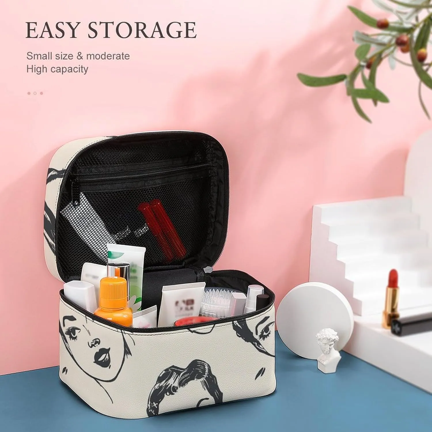 Cosmetic Bag Portable Cartoon Female Face Toiletry Bag Large Capacity Travel Makeup Bag Beauty Makeup Organizer for Full-Sized Shampoo Conditioner Brushes Set Makeup Accessories