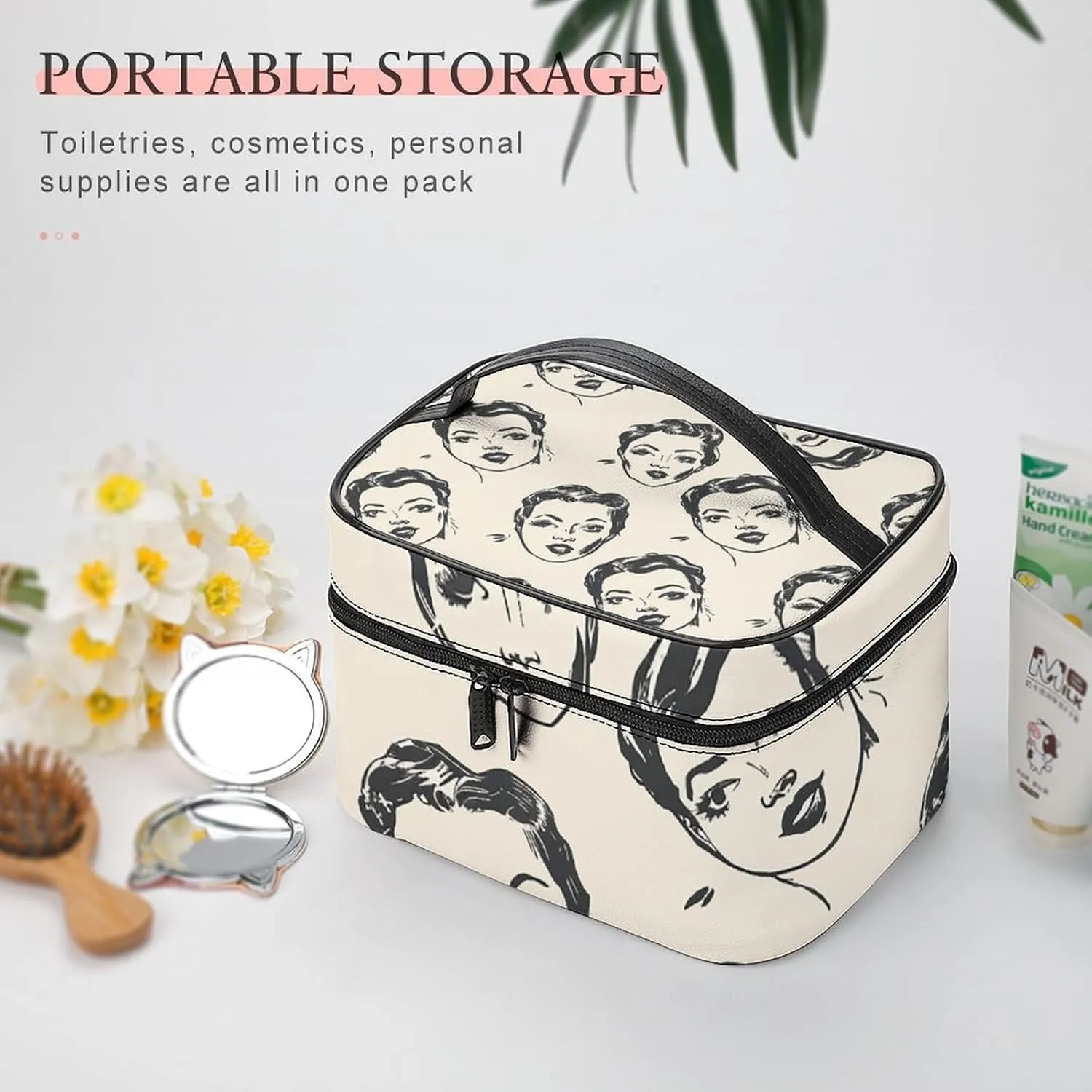 Cosmetic Bag Portable Cartoon Female Face Toiletry Bag Large Capacity Travel Makeup Bag Beauty Makeup Organizer for Full-Sized Shampoo Conditioner Brushes Set Makeup Accessories