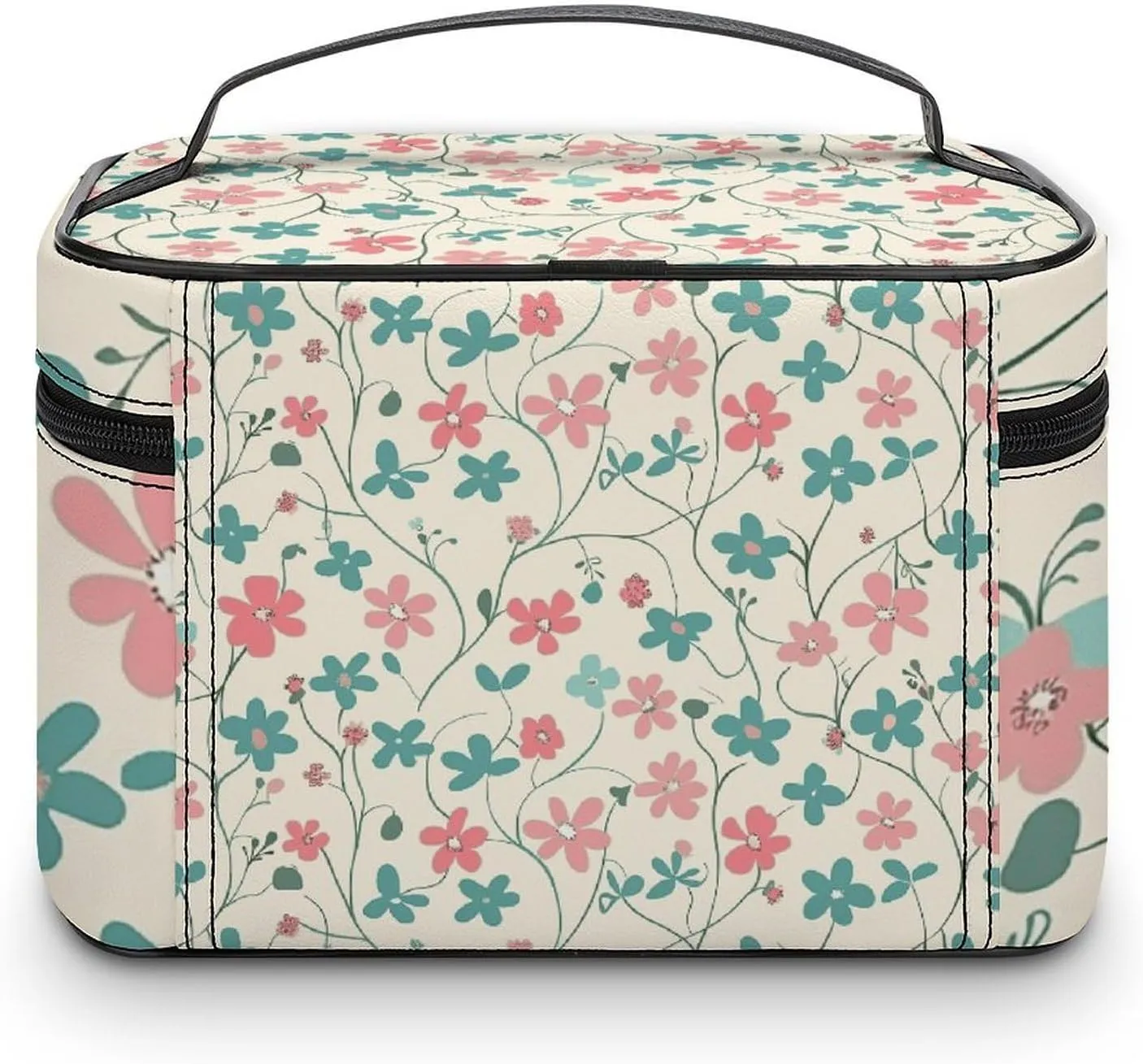 Cosmetic Bag Portable Cyan Vine Pattern Toiletry Bag Large Capacity Travel Makeup Bag Beauty Makeup Organizer for Full-Sized Shampoo Conditioner Brushes Set Makeup Accessories