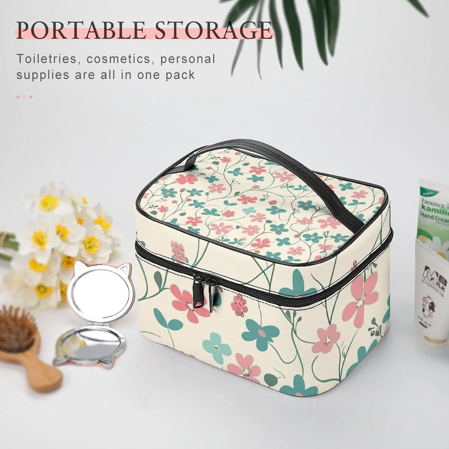 Cosmetic Bag Portable Cyan Vine Pattern Toiletry Bag Large Capacity Travel Makeup Bag Beauty Makeup Organizer for Full-Sized Shampoo Conditioner Brushes Set Makeup Accessories