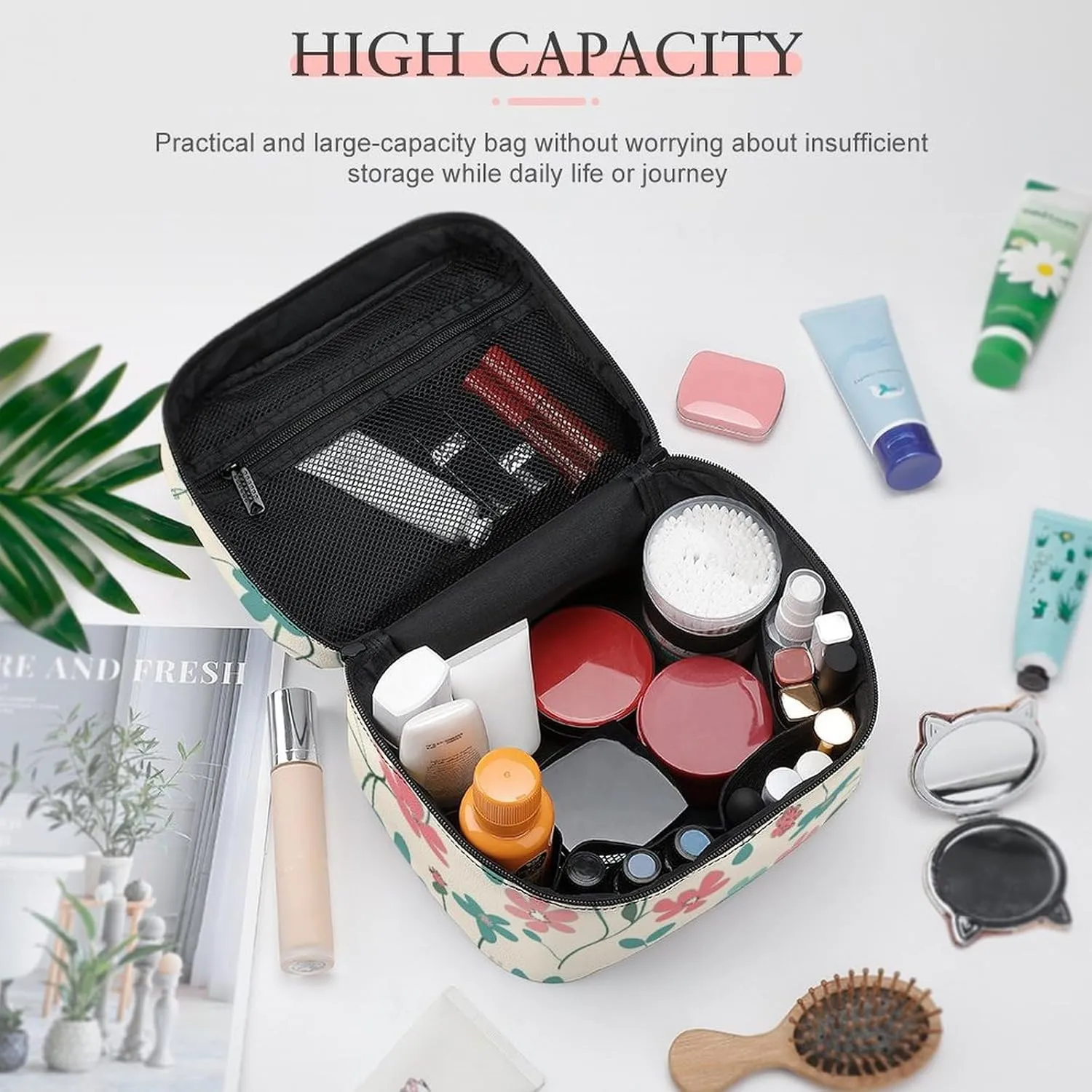Cosmetic Bag Portable Cyan Vine Pattern Toiletry Bag Large Capacity Travel Makeup Bag Beauty Makeup Organizer for Full-Sized Shampoo Conditioner Brushes Set Makeup Accessories