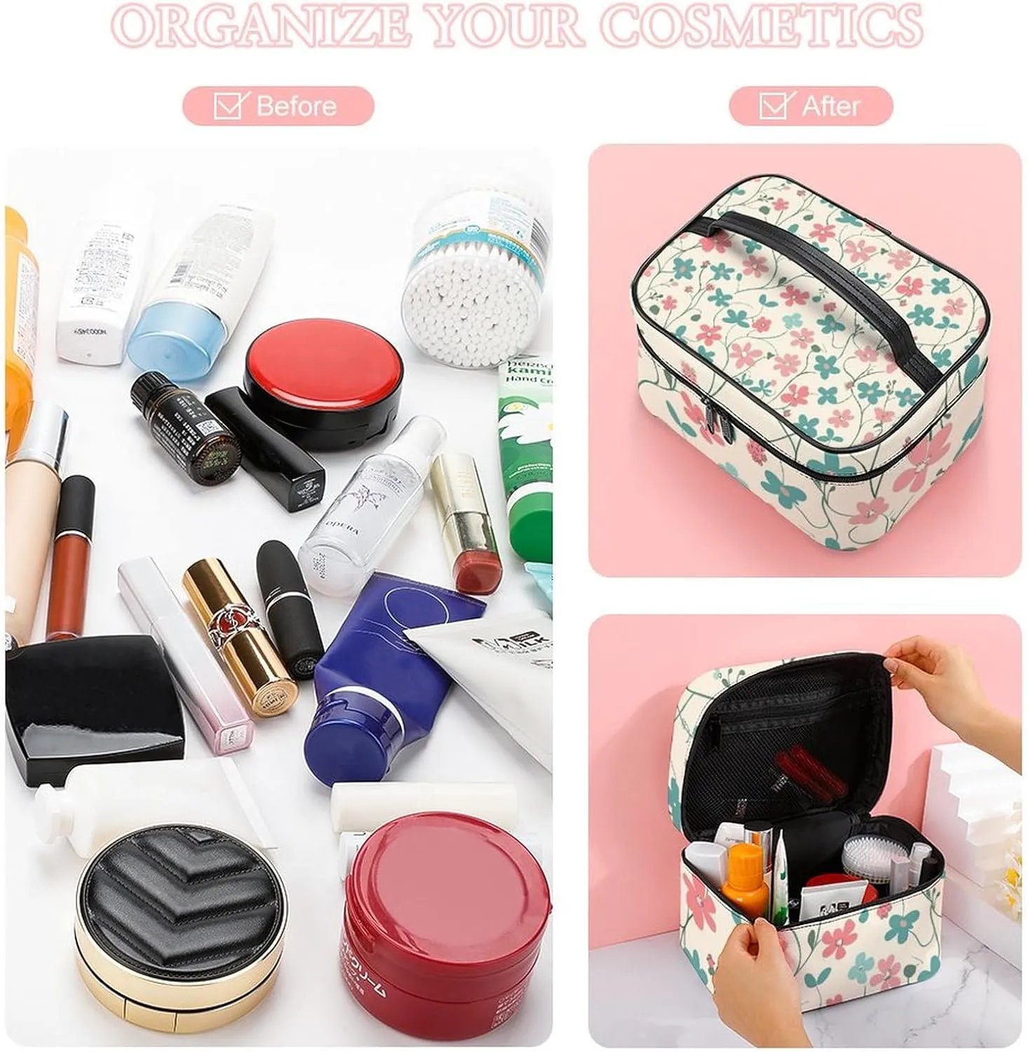 Cosmetic Bag Portable Cyan Vine Pattern Toiletry Bag Large Capacity Travel Makeup Bag Beauty Makeup Organizer for Full-Sized Shampoo Conditioner Brushes Set Makeup Accessories