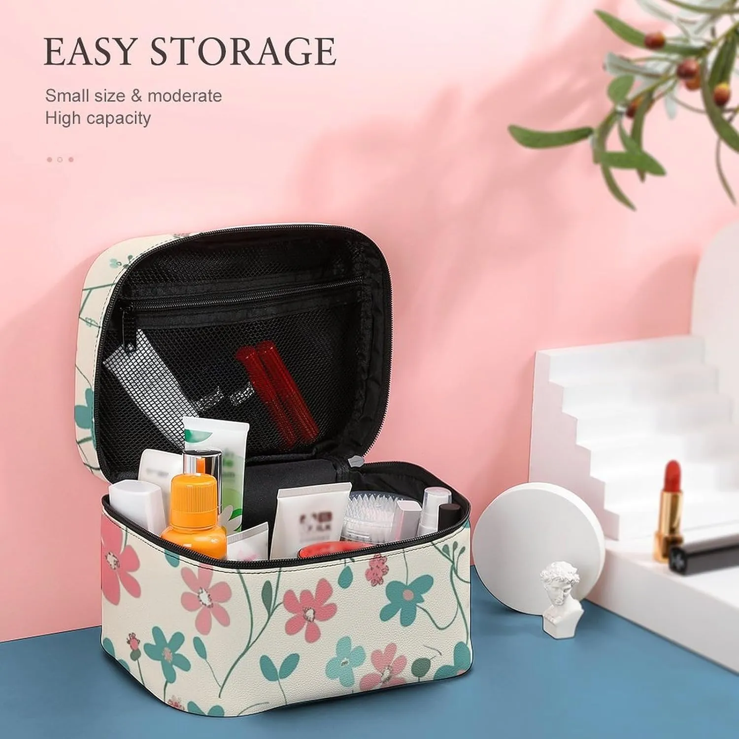Cosmetic Bag Portable Cyan Vine Pattern Toiletry Bag Large Capacity Travel Makeup Bag Beauty Makeup Organizer for Full-Sized Shampoo Conditioner Brushes Set Makeup Accessories