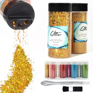 Craft Glitter, 380g Nail Glitter Powder 10 Jars Glitter with Tools,AARDWO Vibrant Multi-Purpose Glitter for Body,Eyeshadow,Cosmetic,Nail Arts,Crafts,Decoration,DIY(Star&Moon Shape, Gold)