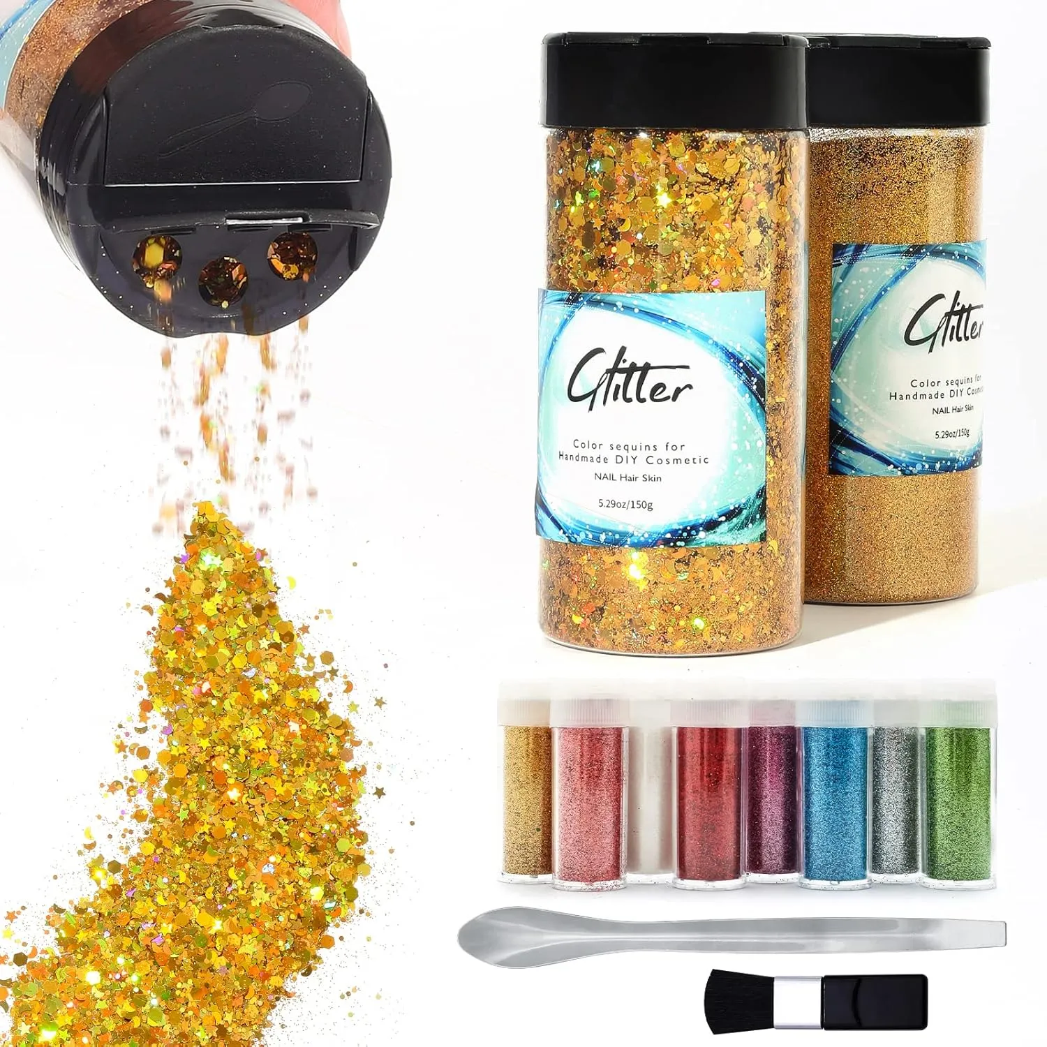 Craft Glitter, 380g Nail Glitter Powder 10 Jars Glitter with Tools,AARDWO Vibrant Multi-Purpose Glitter for Body,Eyeshadow,Cosmetic,Nail Arts,Crafts,Decoration,DIY(Star&Moon Shape, Gold)