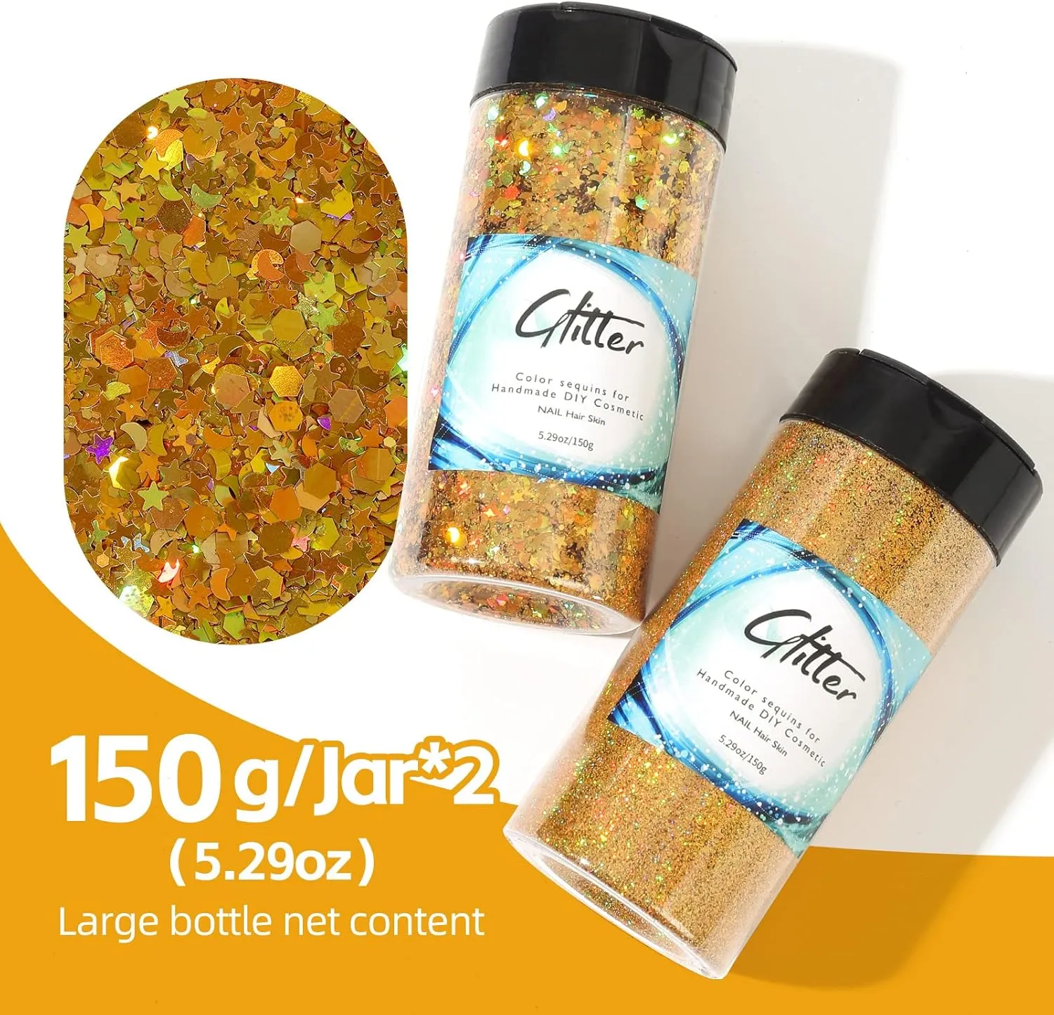 Craft Glitter, 380g Nail Glitter Powder 10 Jars Glitter with Tools,AARDWO Vibrant Multi-Purpose Glitter for Body,Eyeshadow,Cosmetic,Nail Arts,Crafts,Decoration,DIY(Star&Moon Shape, Gold)