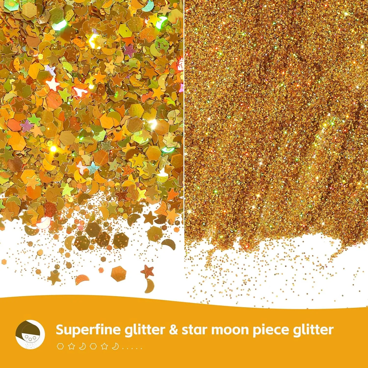 Craft Glitter, 380g Nail Glitter Powder 10 Jars Glitter with Tools,AARDWO Vibrant Multi-Purpose Glitter for Body,Eyeshadow,Cosmetic,Nail Arts,Crafts,Decoration,DIY(Star&Moon Shape, Gold)