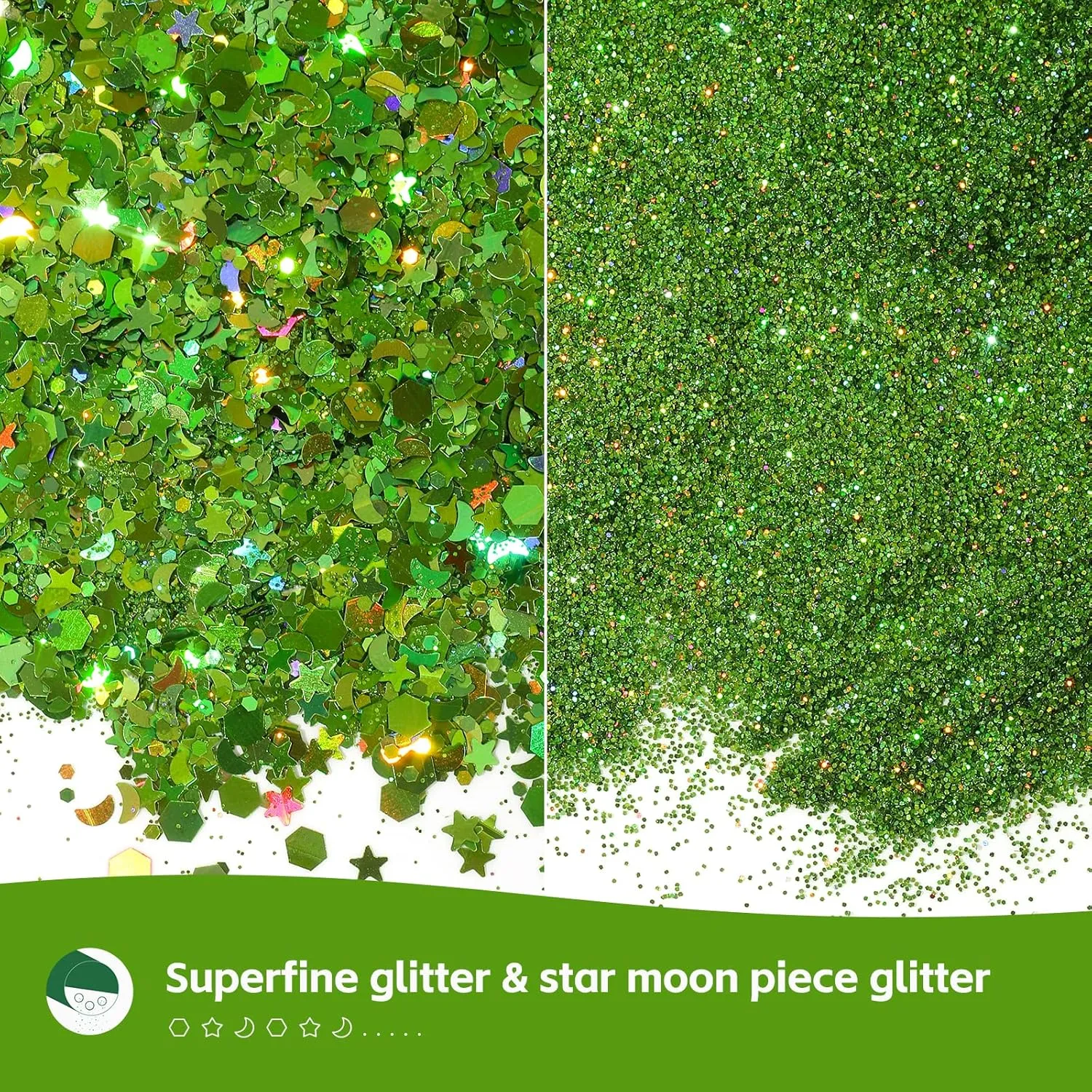 Craft Glitter, 380g Nail Glitter Powder 10 Jars Glitter with Tools,AARDWO Vibrant Multi-Purpose Glitter for Body,Eyeshadow,Cosmetic,Nail Arts,Crafts,Decoration,DIY(Star&Moon Shape, Green)