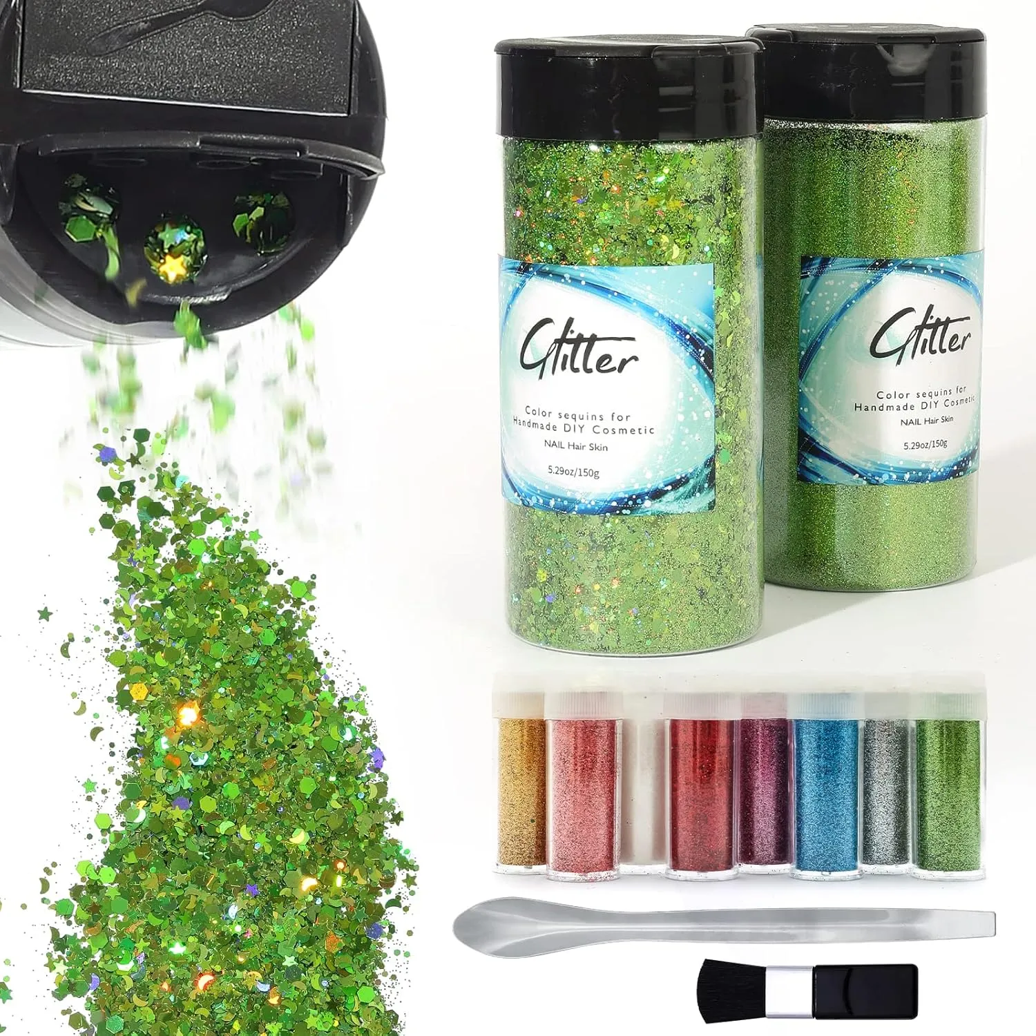 Craft Glitter, 380g Nail Glitter Powder 10 Jars Glitter with Tools,AARDWO Vibrant Multi-Purpose Glitter for Body,Eyeshadow,Cosmetic,Nail Arts,Crafts,Decoration,DIY(Star&Moon Shape, Green)