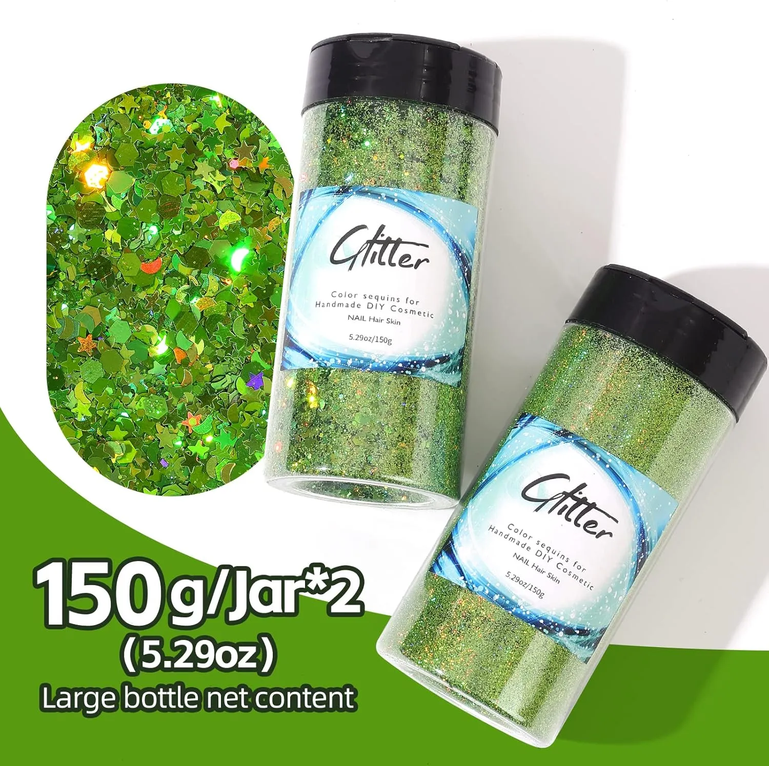 Craft Glitter, 380g Nail Glitter Powder 10 Jars Glitter with Tools,AARDWO Vibrant Multi-Purpose Glitter for Body,Eyeshadow,Cosmetic,Nail Arts,Crafts,Decoration,DIY(Star&Moon Shape, Green)