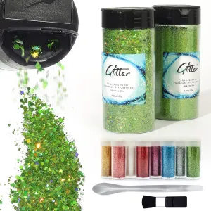 Craft Glitter, 380g Nail Glitter Powder 10 Jars Glitter with Tools,AARDWO Vibrant Multi-Purpose Glitter for Body,Eyeshadow,Cosmetic,Nail Arts,Crafts,Decoration,DIY(Star&Moon Shape, Green)