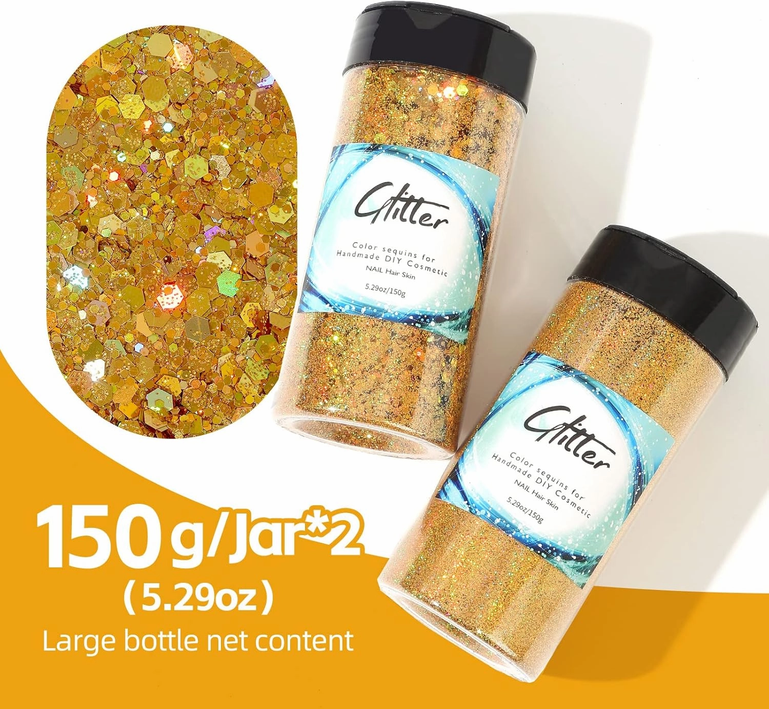 Craft Glitter, 380g Nail Glitter Powder 10 Jars Glitter with Tools,AARDWO Vibrant Multi-Purpose Glitter for Body,Eyeshadow,Cosmetic,Nail Arts,Crafts,Decoration,DIY(Hexagon Shape, Gold)