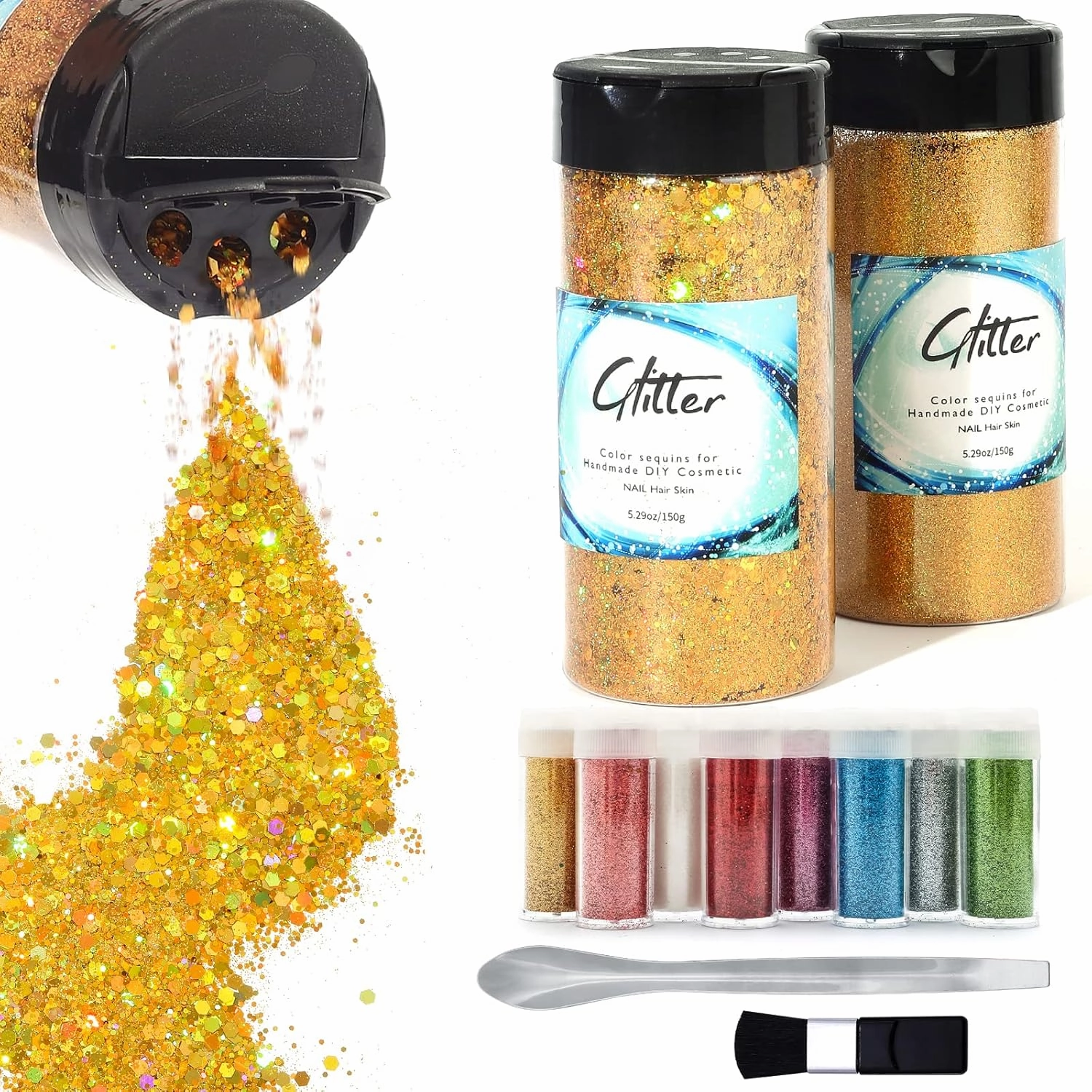 Craft Glitter, 380g Nail Glitter Powder 10 Jars Glitter with Tools,AARDWO Vibrant Multi-Purpose Glitter for Body,Eyeshadow,Cosmetic,Nail Arts,Crafts,Decoration,DIY(Hexagon Shape, Gold)