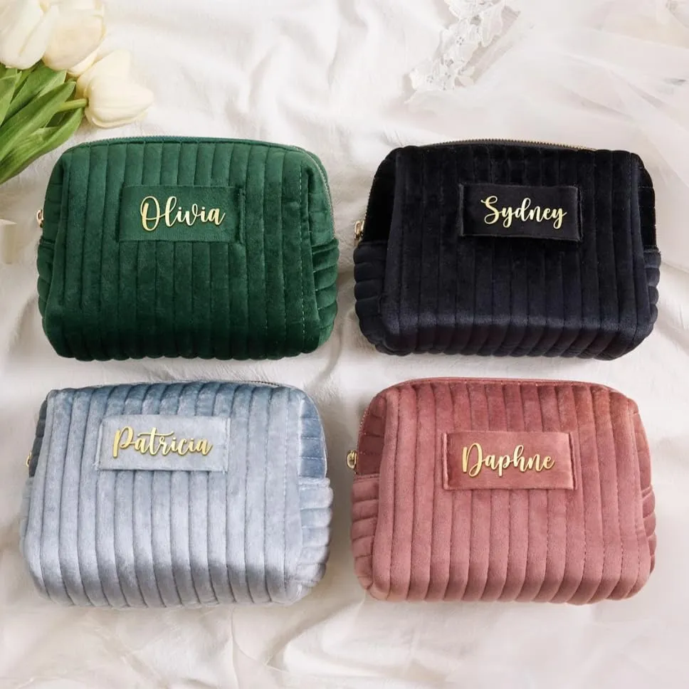 Custom Cosmetic Bag Padded wtih Name Signature,Personalize Makeup Pouch Stamped,Customize Velvet Quilted Make Up Bags,Organizer Case,Wide-open Purse for Travel Essentials Toiletry Accessory Brushes