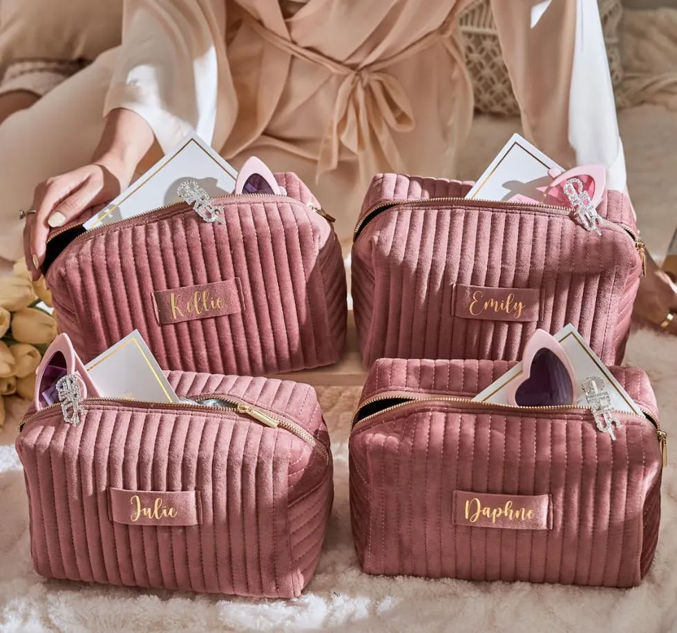 Custom Cosmetic Bag Padded wtih Name Signature,Personalize Makeup Pouch Stamped,Customize Velvet Quilted Make Up Bags,Organizer Case,Wide-open Purse for Travel Essentials Toiletry Accessory Brushes