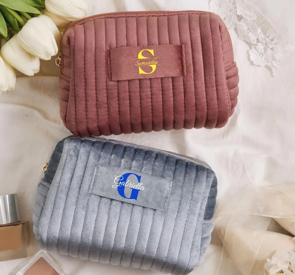 Custom Cosmetic Bag Padded wtih Name Signature,Personalize Makeup Pouch Stamped,Customize Velvet Quilted Make Up Bags,Organizer Case,Wide-open Purse for Travel Essentials Toiletry Accessory Brushes