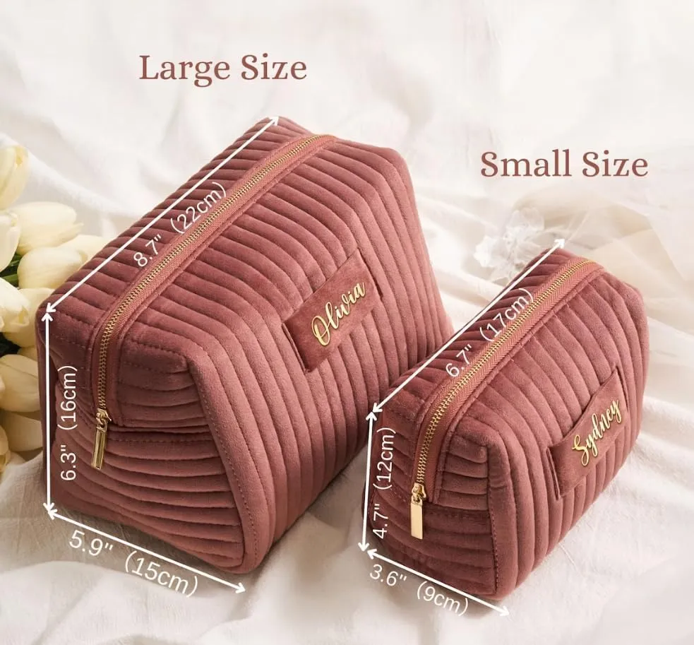 Custom Cosmetic Bag Padded wtih Name Signature,Personalize Makeup Pouch Stamped,Customize Velvet Quilted Make Up Bags,Organizer Case,Wide-open Purse for Travel Essentials Toiletry Accessory Brushes