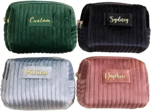 Custom Cosmetic Bag Padded wtih Name Signature,Personalize Makeup Pouch Stamped,Customize Velvet Quilted Make Up Bags,Organizer Case,Wide-open Purse for Travel Essentials Toiletry Accessory Brushes