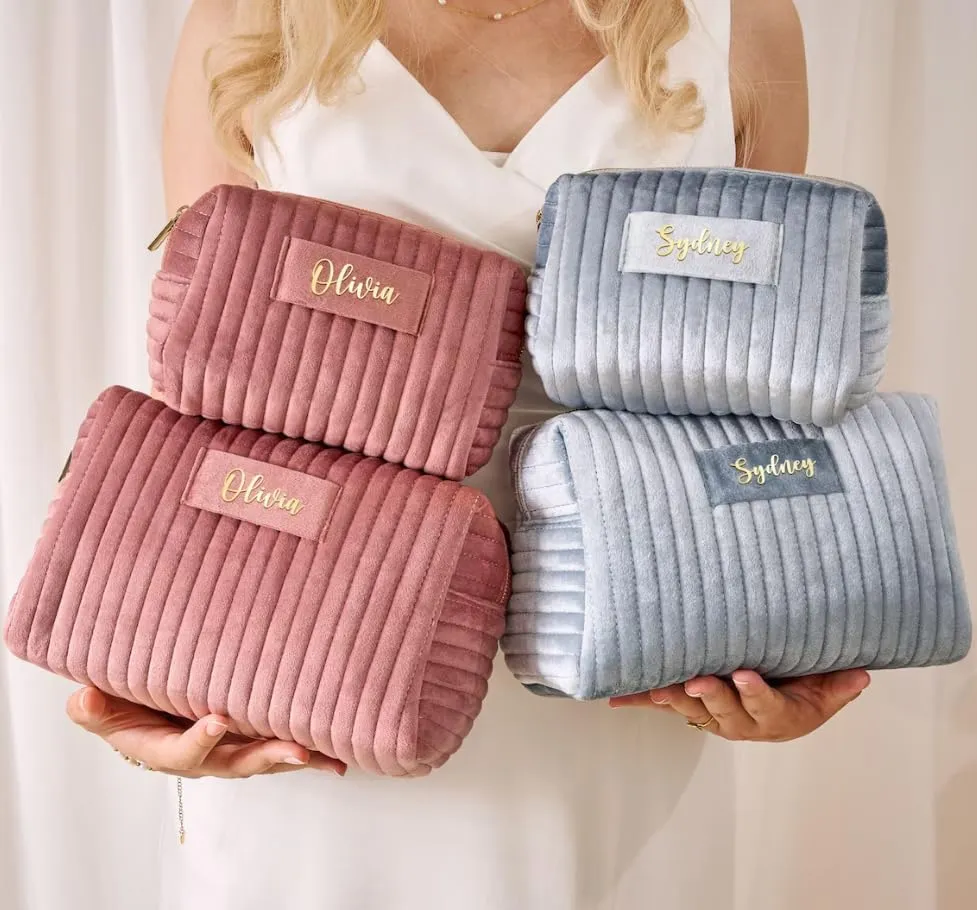 Custom Cosmetic Bag Padded wtih Name Signature,Personalize Makeup Pouch Stamped,Customize Velvet Quilted Make Up Bags,Organizer Case,Wide-open Purse for Travel Essentials Toiletry Accessory Brushes