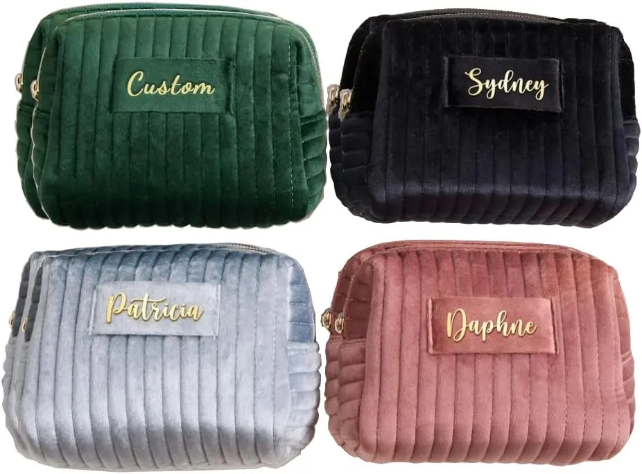 Custom Cosmetic Bag Padded wtih Name Signature,Personalize Makeup Pouch Stamped,Customize Velvet Quilted Make Up Bags,Organizer Case,Wide-open Purse for Travel Essentials Toiletry Accessory Brushes