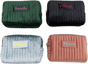 Custom Cosmetic Bag Padded wtih Name Signature,Personalize Makeup Pouch Stamped,Customize Velvet Quilted Make Up Bags,Organizer Case,Wide-open Purse for Travel Essentials Toiletry Brush Accessories