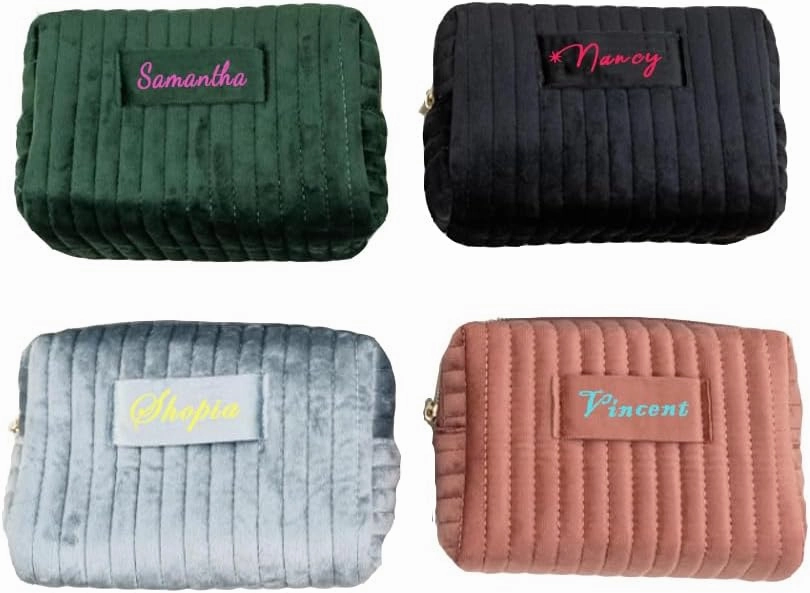 Custom Cosmetic Bag Padded wtih Name Signature,Personalize Makeup Pouch Stamped,Customize Velvet Quilted Make Up Bags,Organizer Case,Wide-open Purse for Travel Essentials Toiletry Brush Accessories