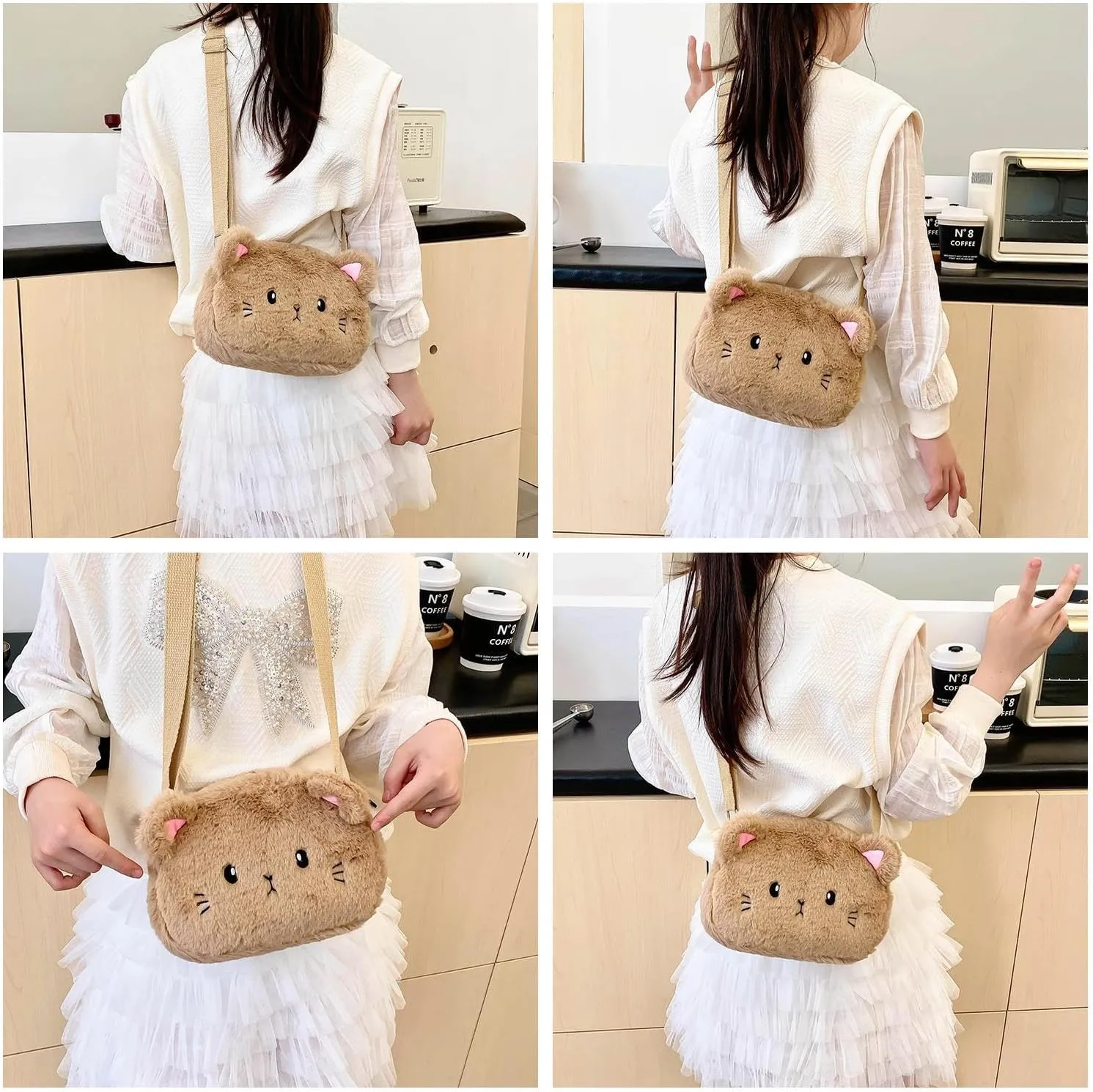 Cute Cat Crossbody Purse Pink Small Fluffy Satchel Shoulder Bag Animal Plush Messenger Bag Kawaii Purse for Women
