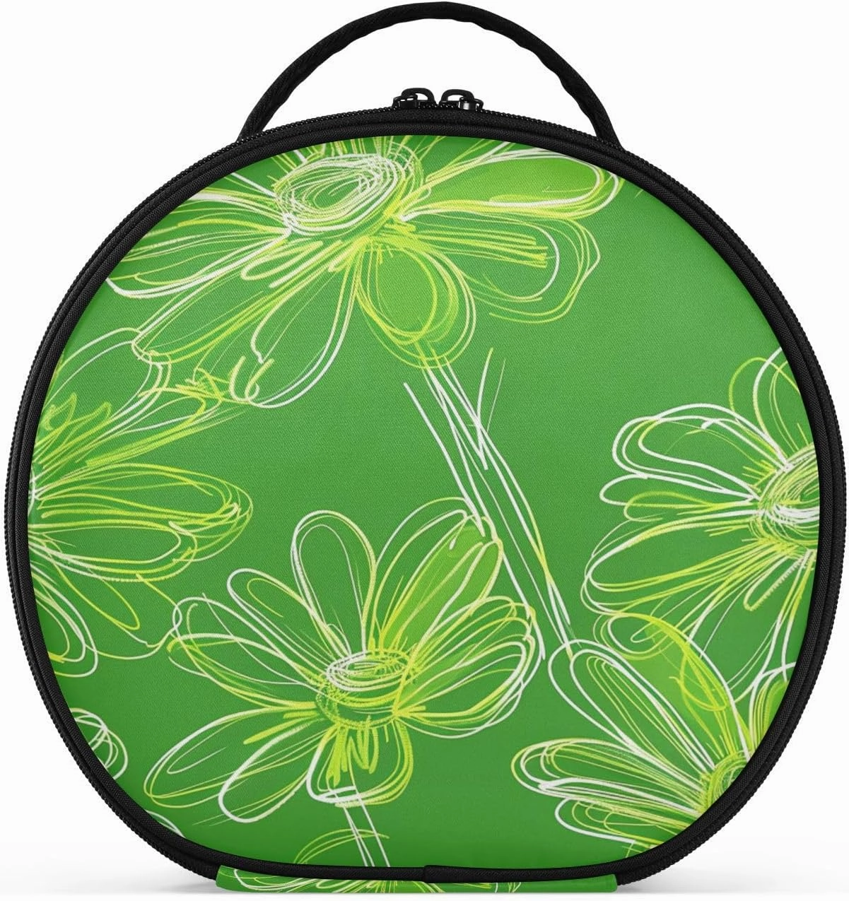 Daisy Neon Green Abstract Handdrawn Cosmetics Bag Vertical Free-Standing Portable Toiletry Bag For Women with adjustable dividers 11 IN
