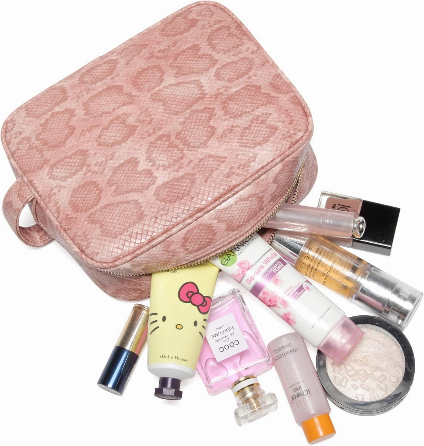 Daisy Rose Cosmetic Toiletry Bag | PU Vegan Leather Travel Bag - Pink Snake