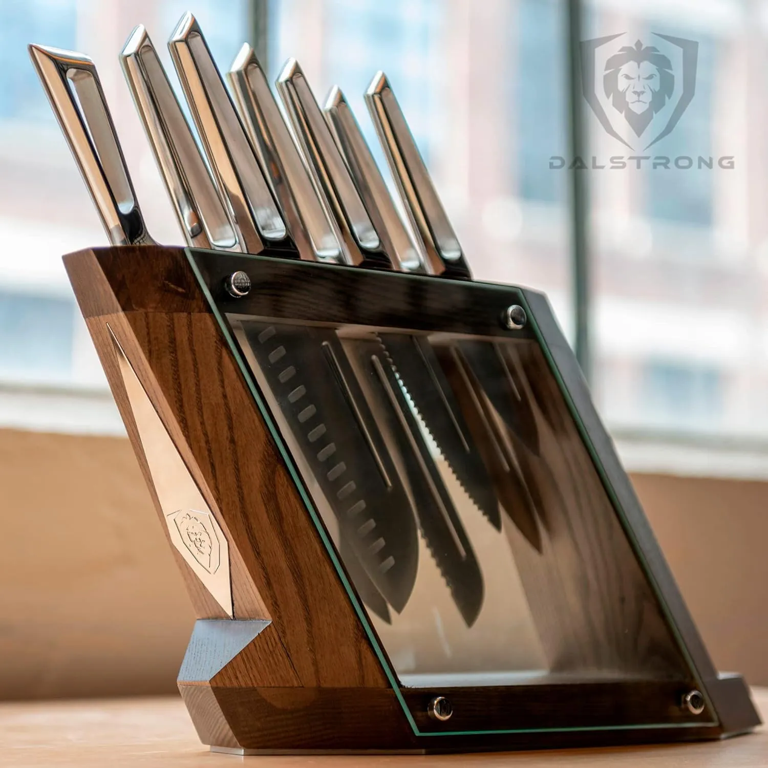 DALSTRONG Knife Block Set - 8 Piece - Crusader Series - Forged High-Carbon German Stainless Steel - Manchurian Ash Wood Block Stand - Professional Kitchen Set - Knife Set - NSF Certified
