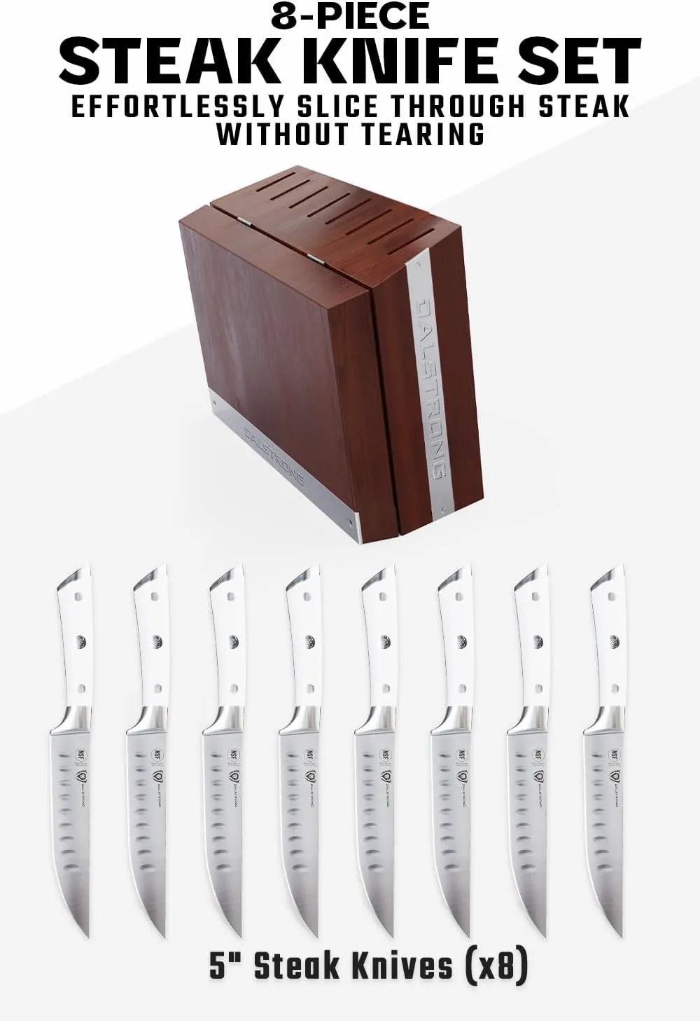 Dalstrong Steak Knife Set with Folding Block - 8 Pc - Gladiator Series - 5" Straight Edge Blade - Forged High-Carbon German Steel - w/Modular Storage Block - Glacial White ABS Handle - NSF Certified