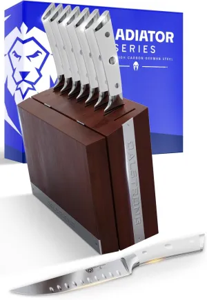 Dalstrong Steak Knife Set with Folding Block - 8 Pc - Gladiator Series - 5" Straight Edge Blade - Forged High-Carbon German Steel - w/Modular Storage Block - Glacial White ABS Handle - NSF Certified