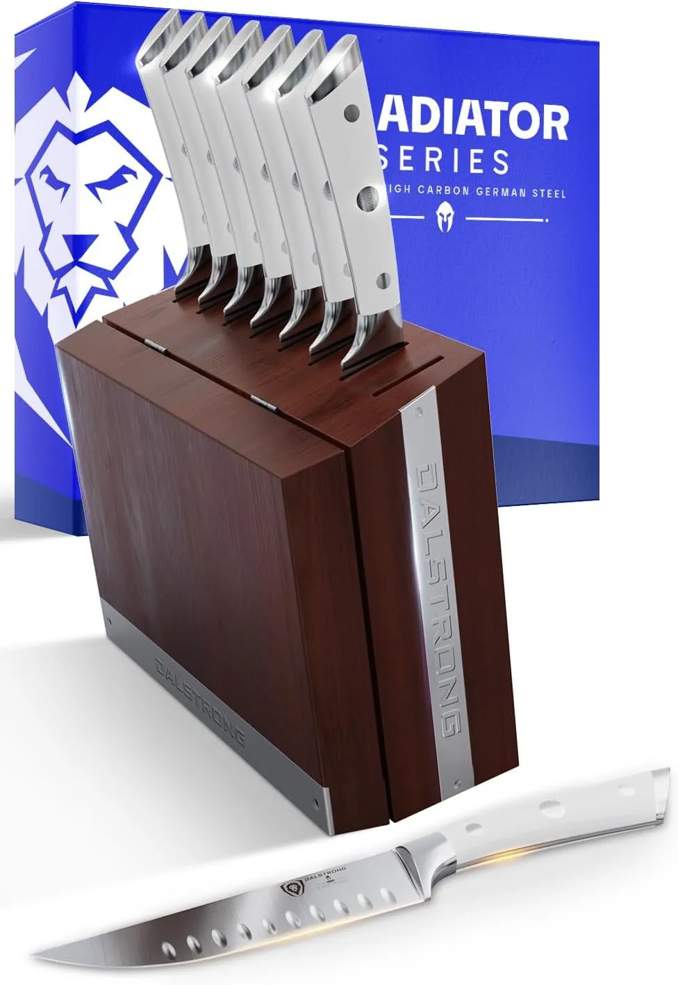 Dalstrong Steak Knife Set with Folding Block - 8 Pc - Gladiator Series - 5" Straight Edge Blade - Forged High-Carbon German Steel - w/Modular Storage Block - Glacial White ABS Handle - NSF Certified