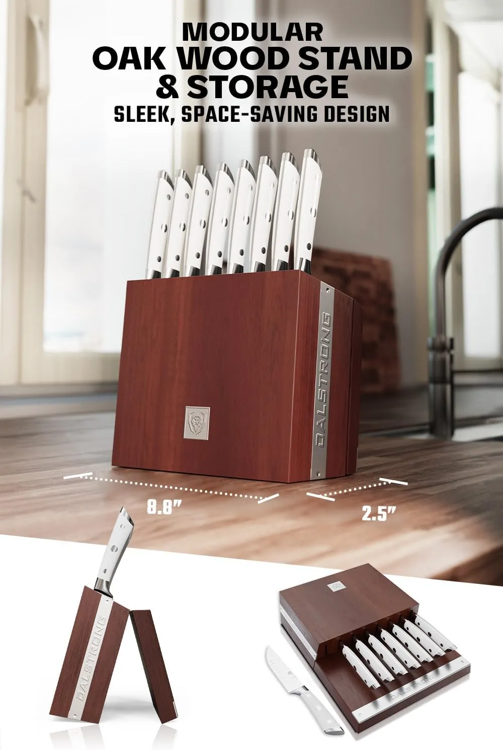 Dalstrong Steak Knife Set with Folding Block - 8 Pc - Gladiator Series - 5" Straight Edge Blade - Forged High-Carbon German Steel - w/Modular Storage Block - Glacial White ABS Handle - NSF Certified