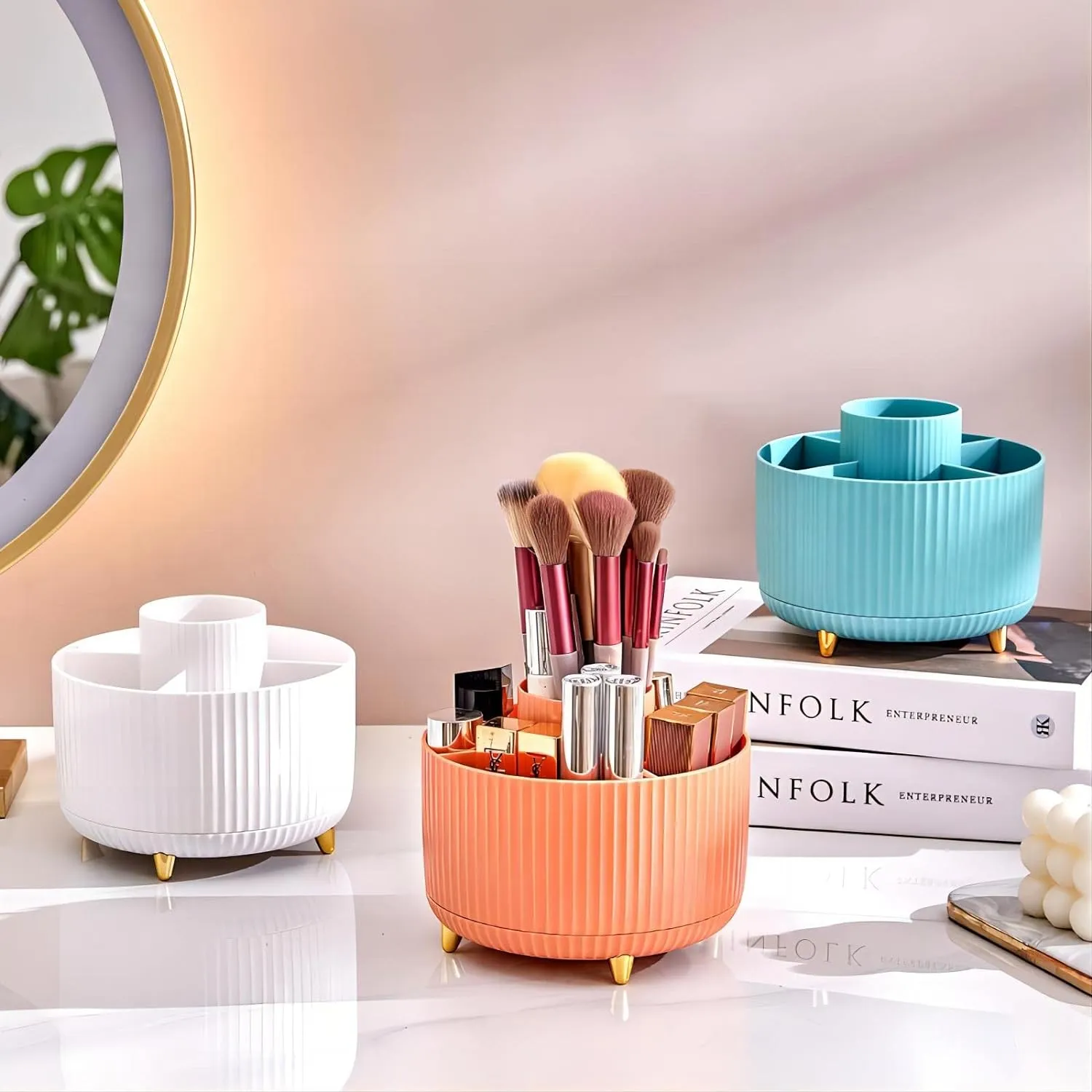 DASITON Large Capacity Makeup Brush Holder,360° Rotating Makeup Organizer,5 Slot Makeup Brushes Cup,for Vanity Decor,Bathroom Countertops,Desk Storage Container,Cosmetic Display cases(Blue)