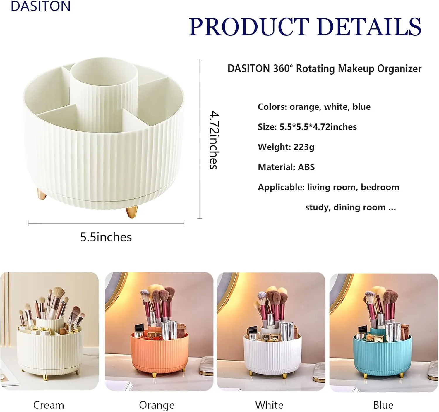 DASITON Large Capacity Makeup Brush Holder,360° Rotating Makeup Organizer,5 Slot Makeup Brushes Cup,for Vanity Decor,Bathroom Countertops,Desk Storage Container,Cosmetic Display cases(Blue)