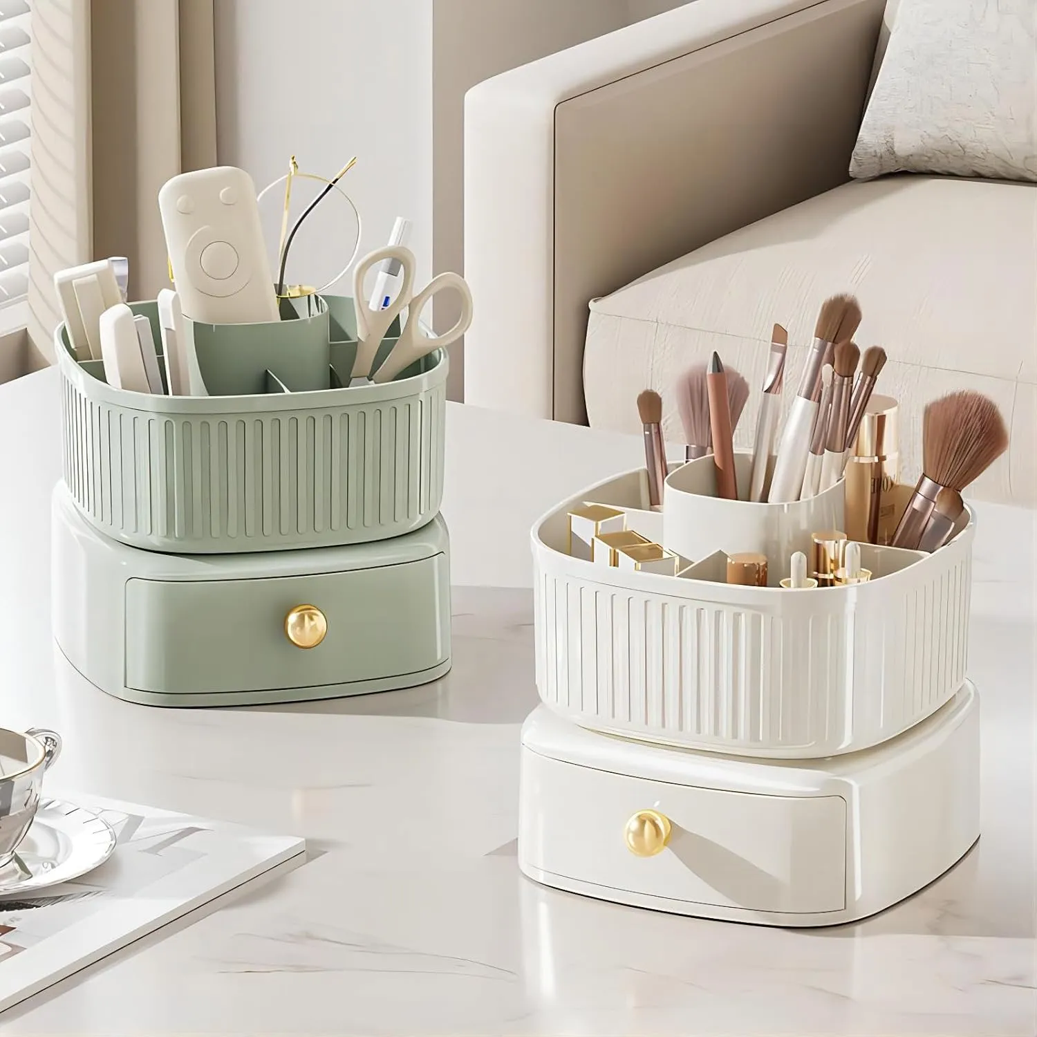 DASITON Stackable Makeup Organizer,Makeup Brush Holder With 360°Rotating Makeup Organizer Tray,Cosmetic Holder Shelf(Green)