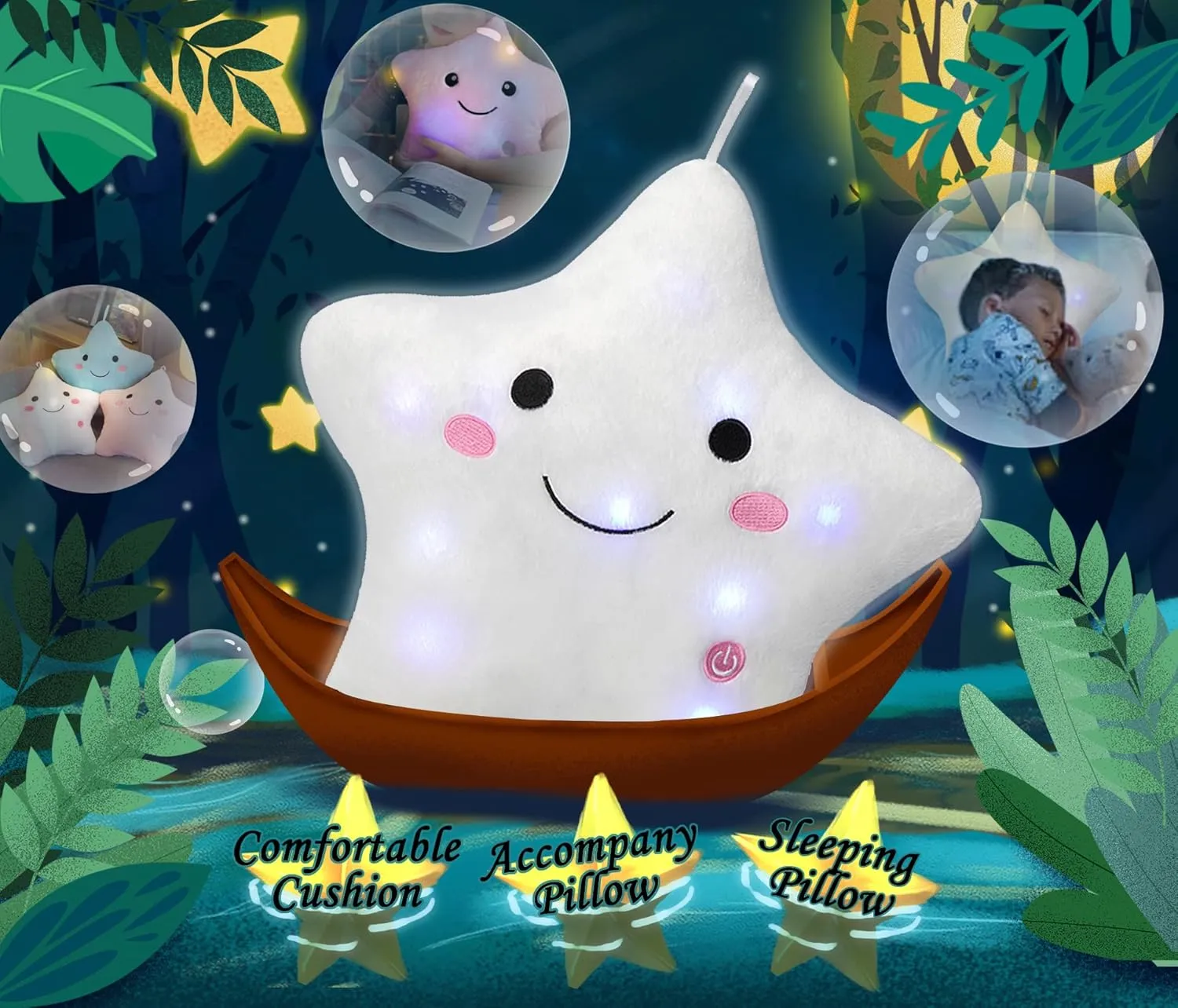 DearSun Set of 2pcs, 13'' Creative Twinkle Star Colorful Night Light Plush Pillows Light up Night Stuffed Toys Perfect for Birthday Christmas Holiday Valentines(Blue White)