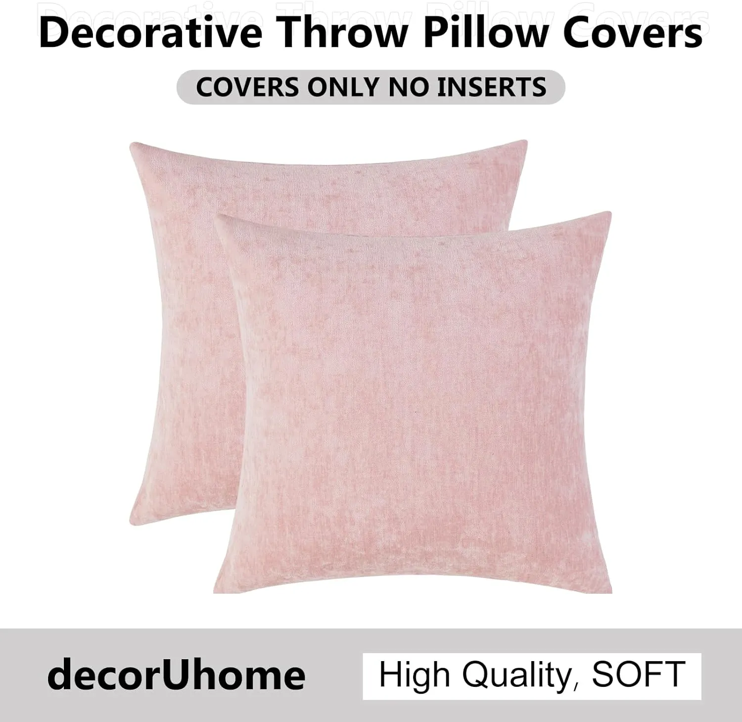 decorUhome Couch Throw Pillow Covers 18x18 Set of 2, Decorative Soft Neutral Chenille Solid Dyed Square Pillow Covers for Sofa Bed Living Room, Blush Pink