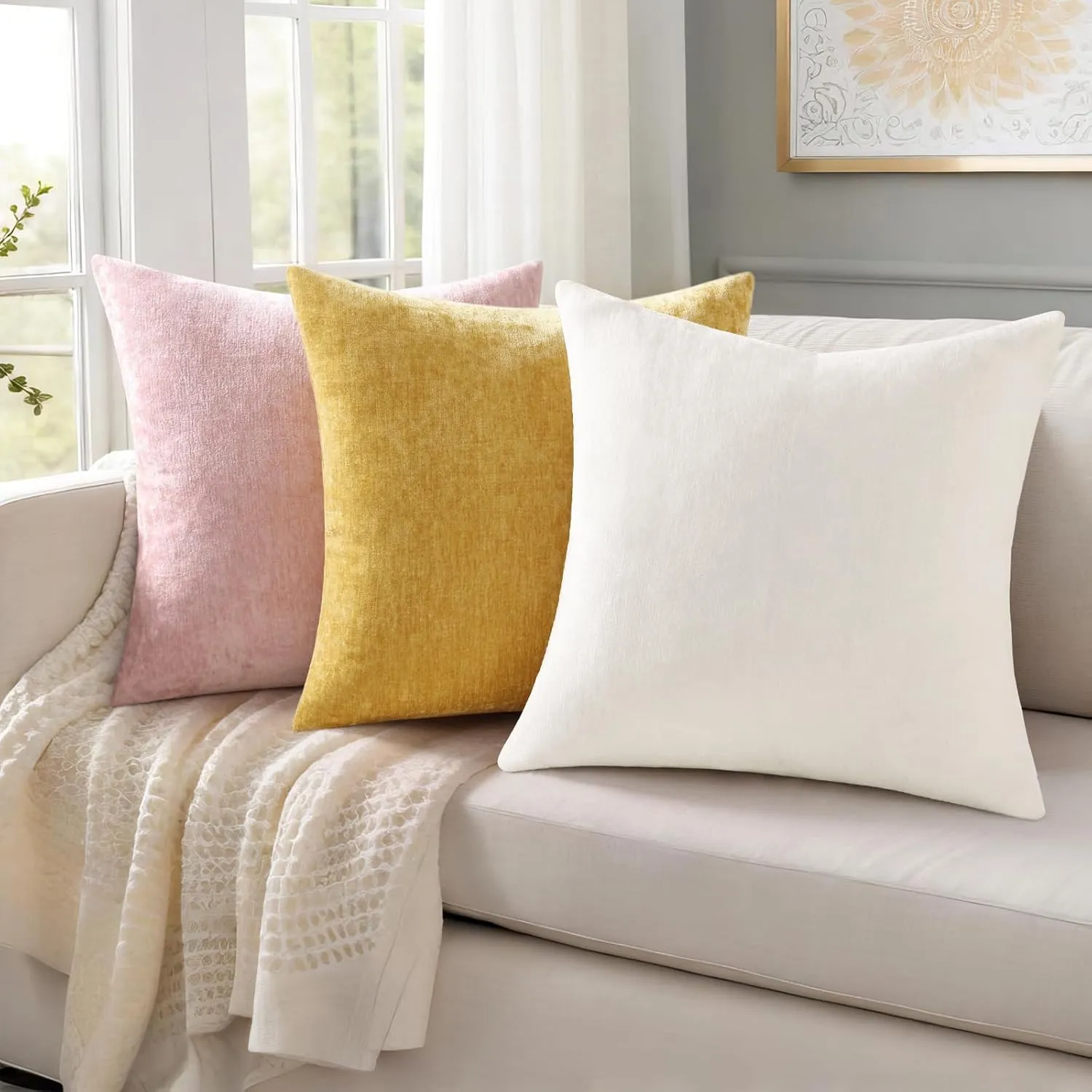 decorUhome Couch Throw Pillow Covers 18x18 Set of 2, Decorative Soft Neutral Chenille Solid Dyed Square Pillow Covers for Sofa Bed Living Room, Blush Pink