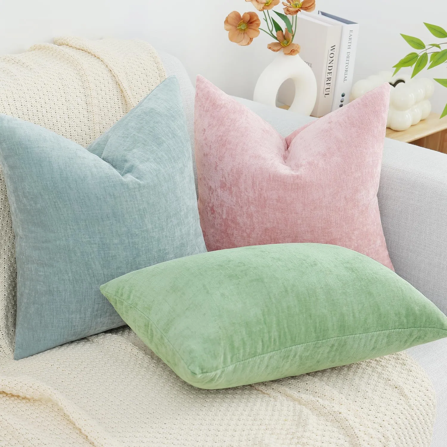 decorUhome Couch Throw Pillow Covers 18x18 Set of 2, Decorative Soft Neutral Chenille Solid Dyed Square Pillow Covers for Sofa Bed Living Room, Blush Pink